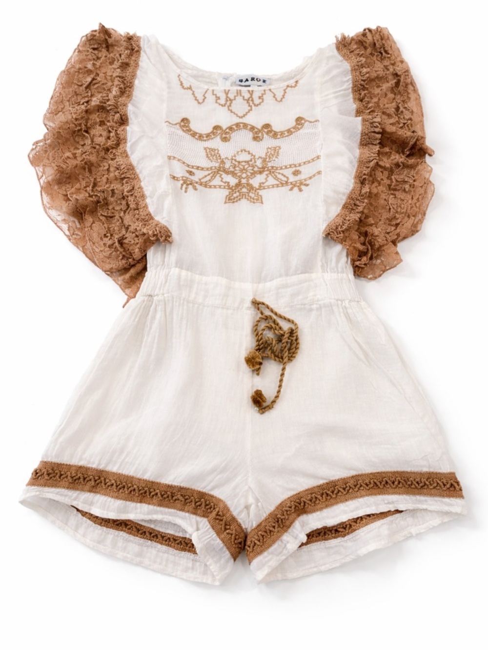 Boho Embroidered White Cotton Romper with Brown Lace Puff Sleeves